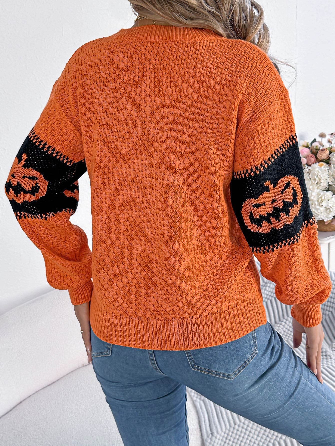 Halloween Pumpkin Colorblock Crewneck Knit Sweater