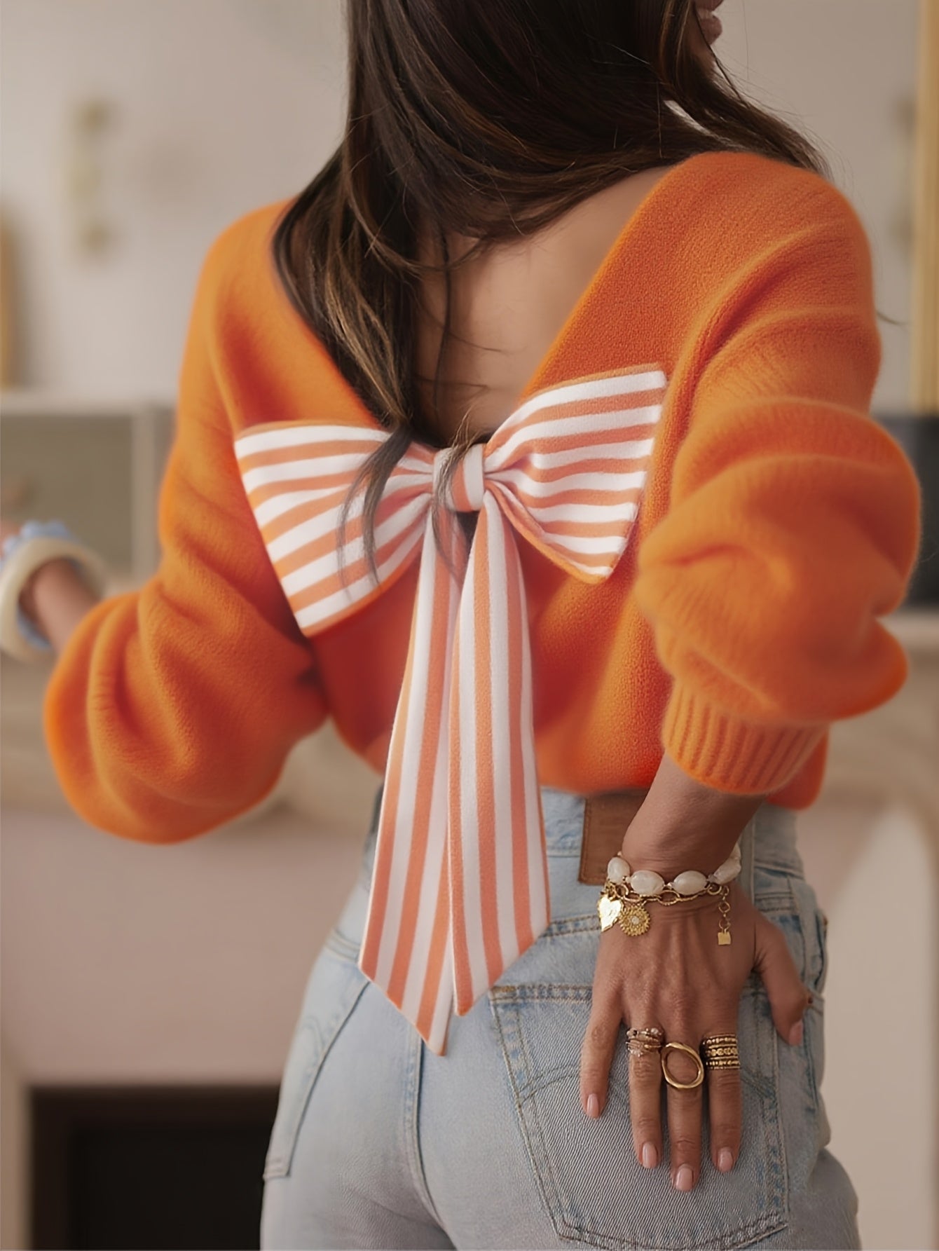 Oversized Bow V-Neck Knit Cardigan