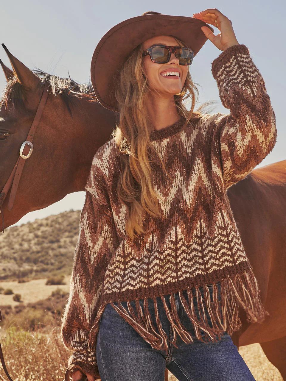 Boho Aztec Fringe Knit Sweater