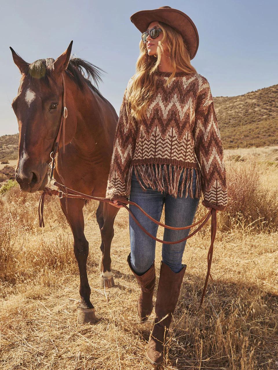 Boho Aztec Fringe Knit Sweater