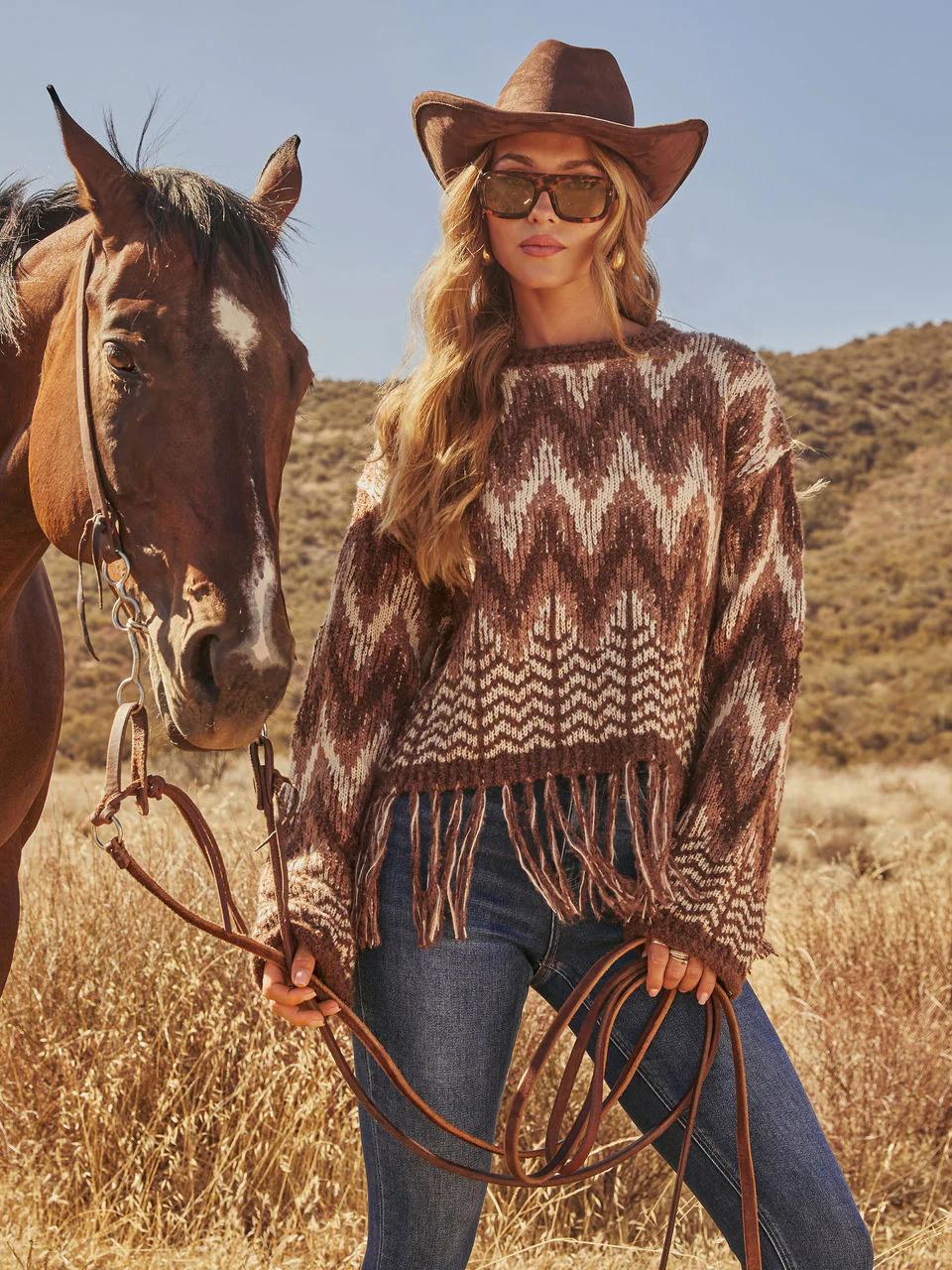 Boho Aztec Fringe Knit Sweater