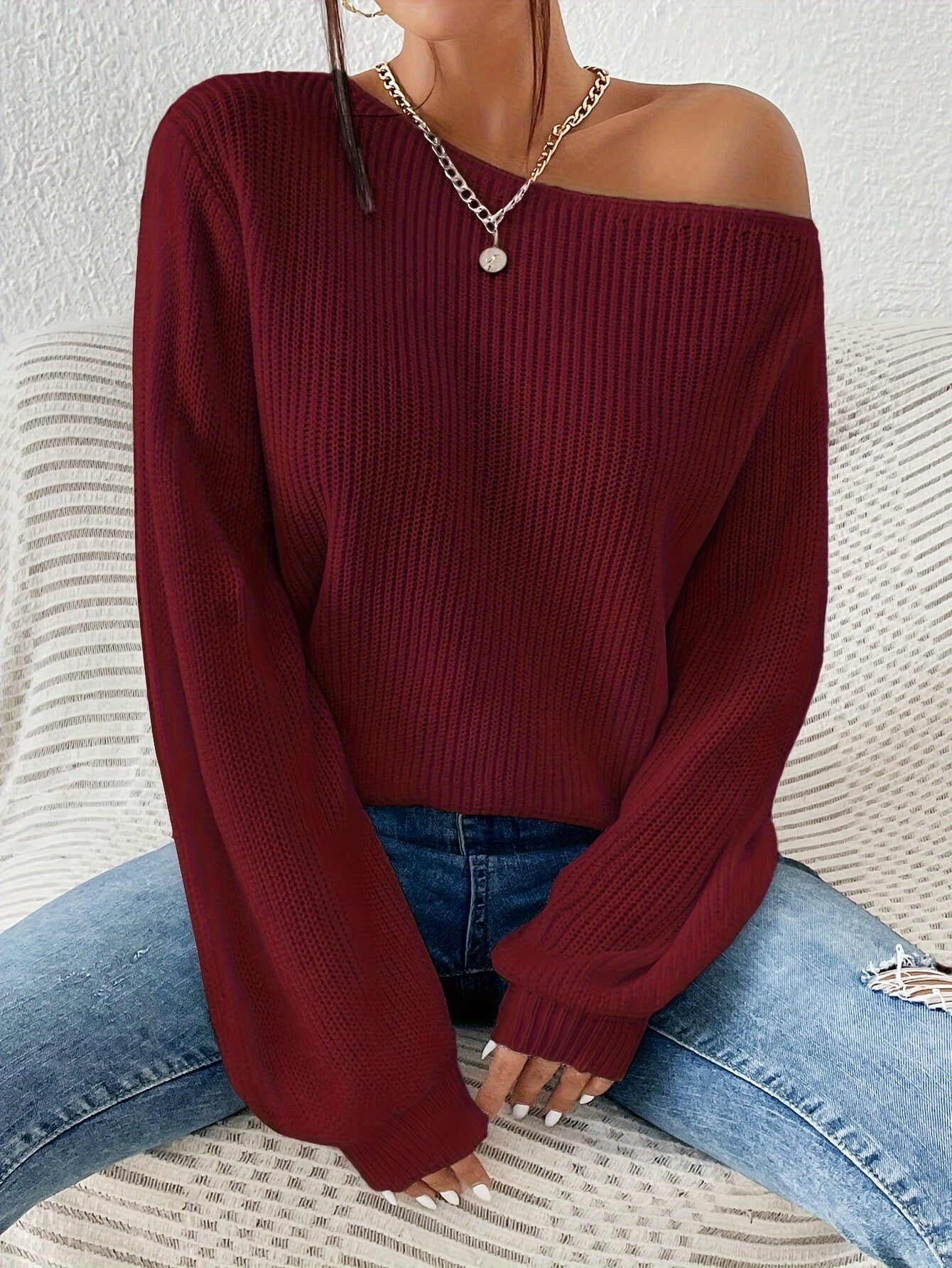 Elegant Asymmetrical Off-Shoulder Knit Sweater