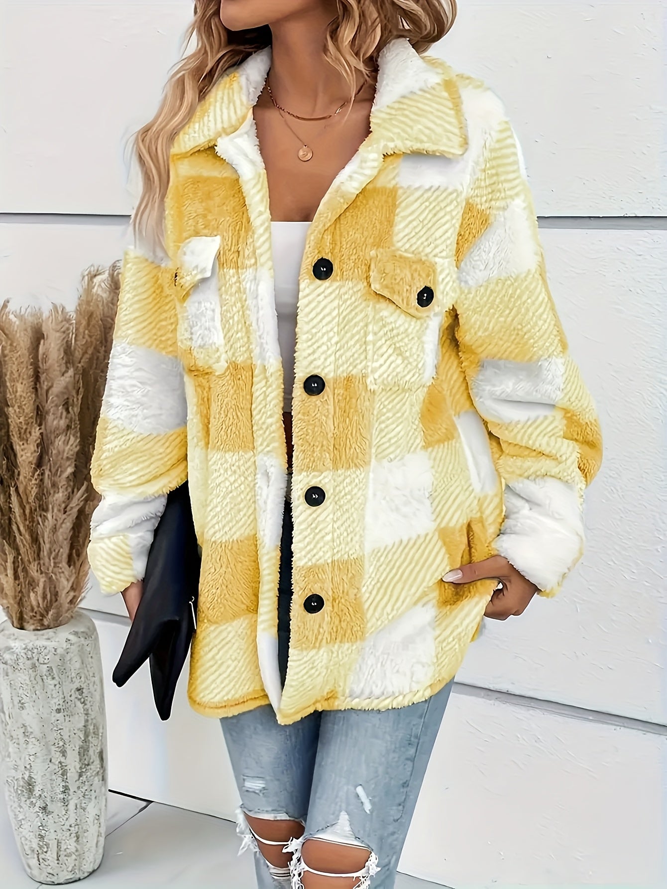 Cozy Yellow-White Plaid Fleece Jacket