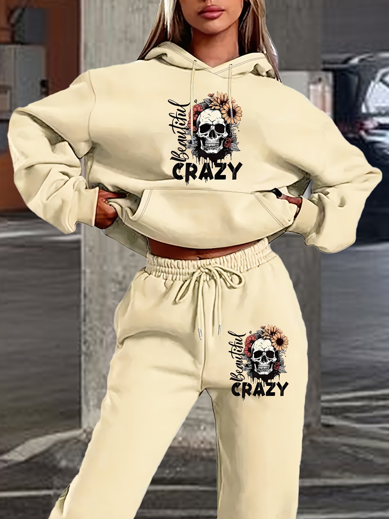 Skull Letter Print Hoodie Pants Set