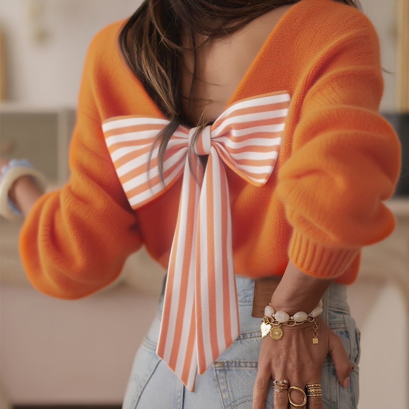 Oversized Bow V-Neck Knit Cardigan