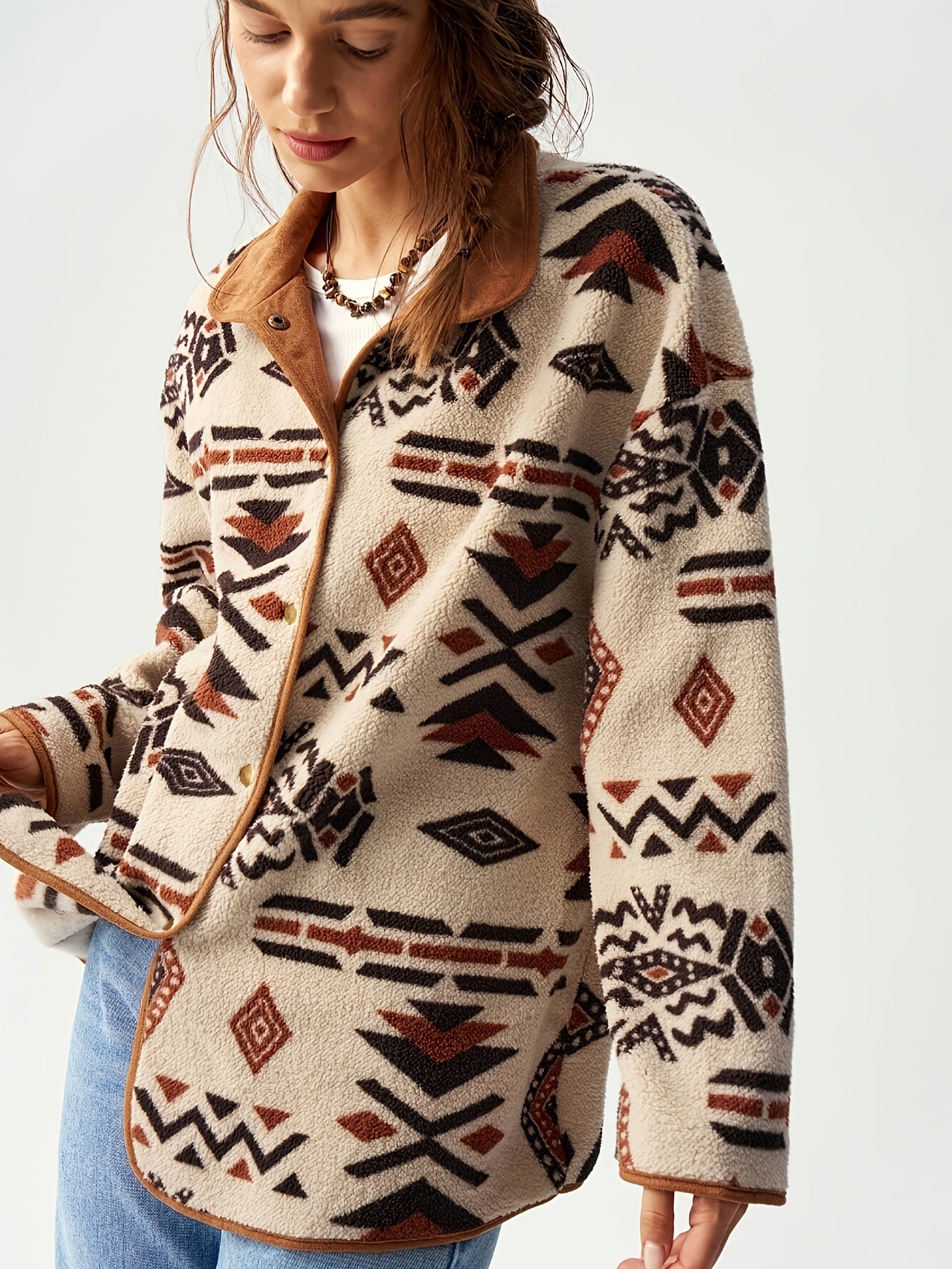 Turquoise Southwestern Geometric Fleece Jacket