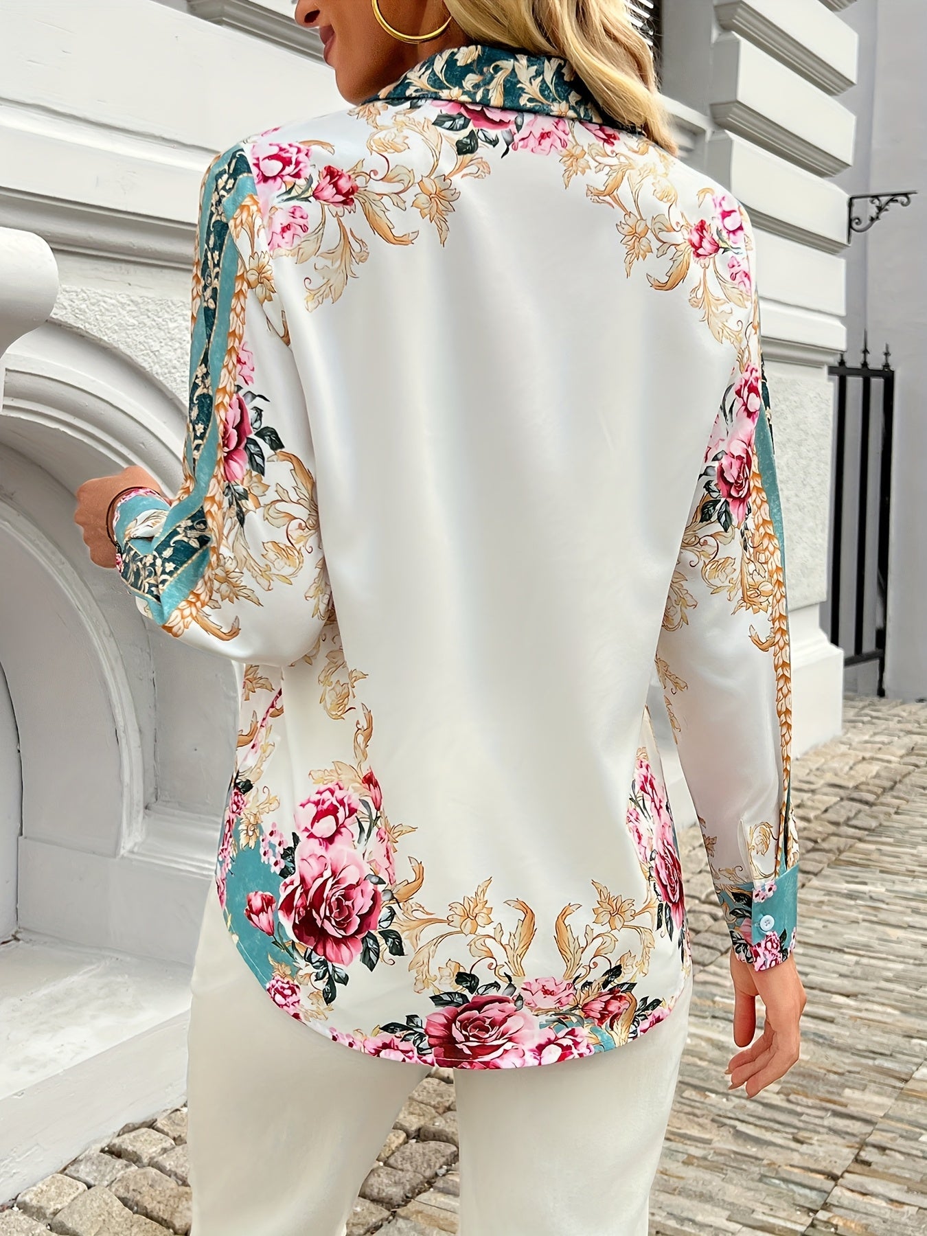 Floral Lapel Button Long-Sleeve Blouse