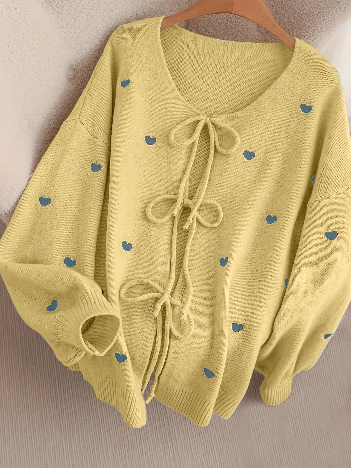 Cozy Beige Heart Bow Sweater