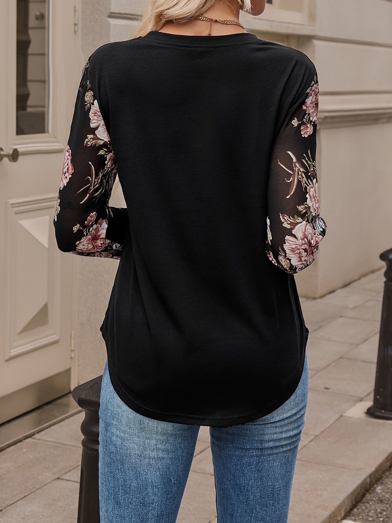 Floral Chiffon Colorblock Long Sleeve Top