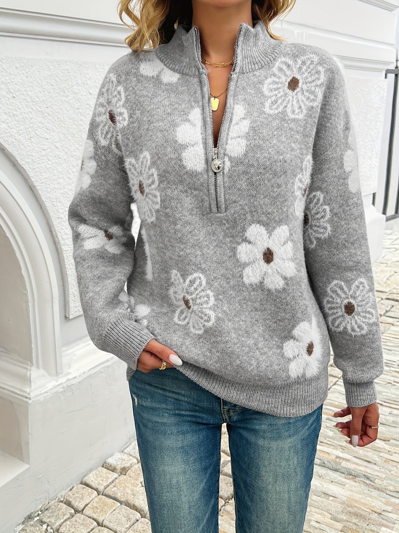 Half-Zip Floral Drop-Shoulder Sweater