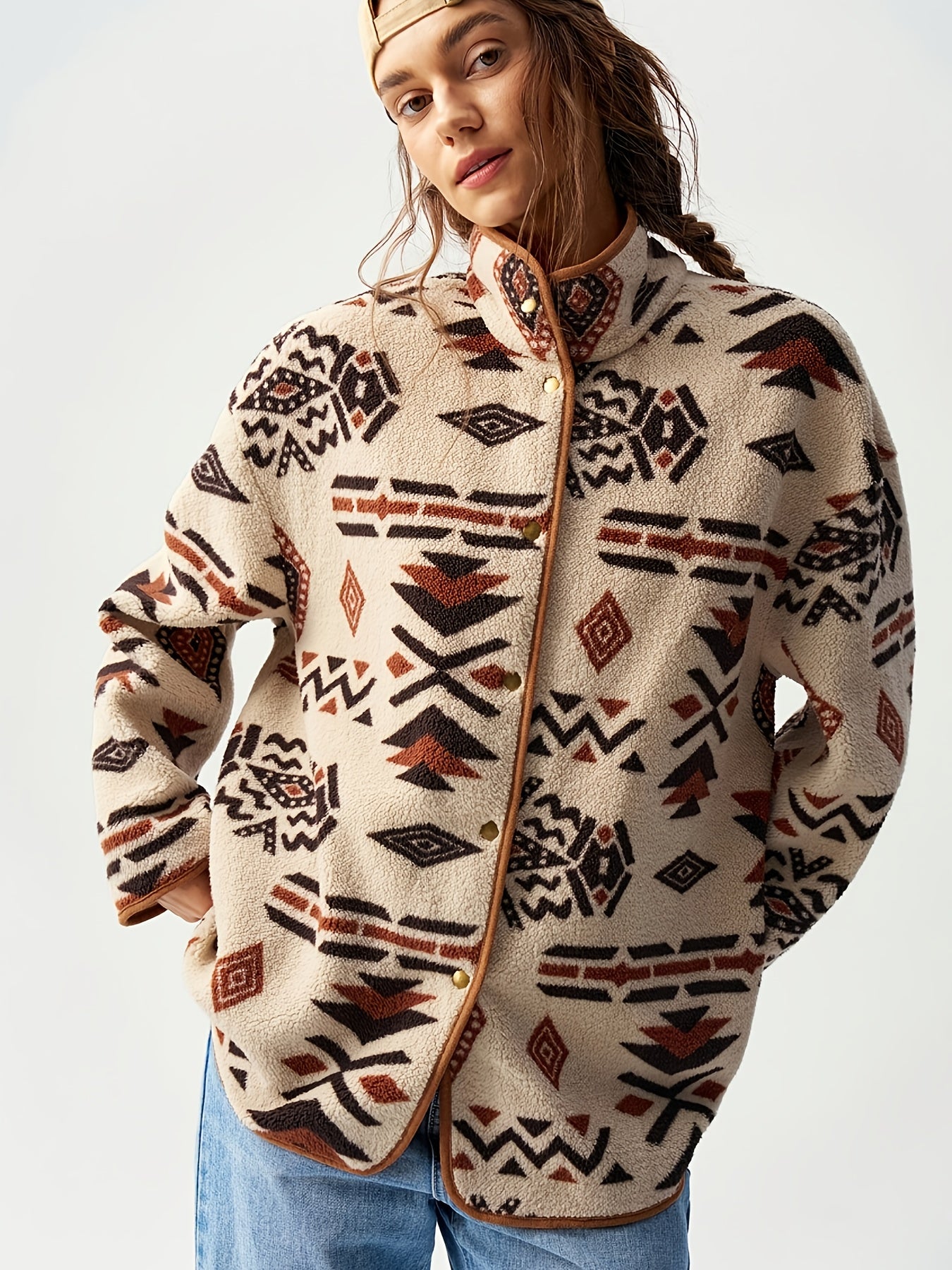Turquoise Southwestern Geometric Fleece Jacket
