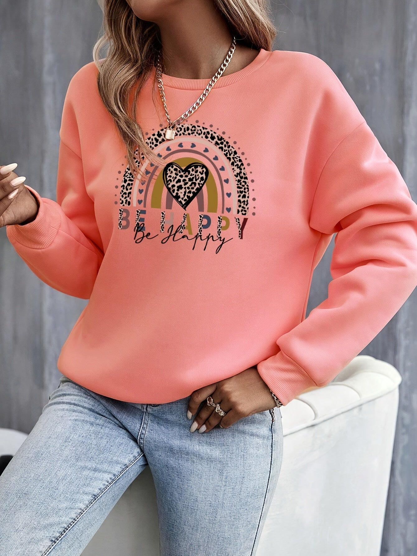 Geometric Rainbow Heart Round-Neck Hoodie
