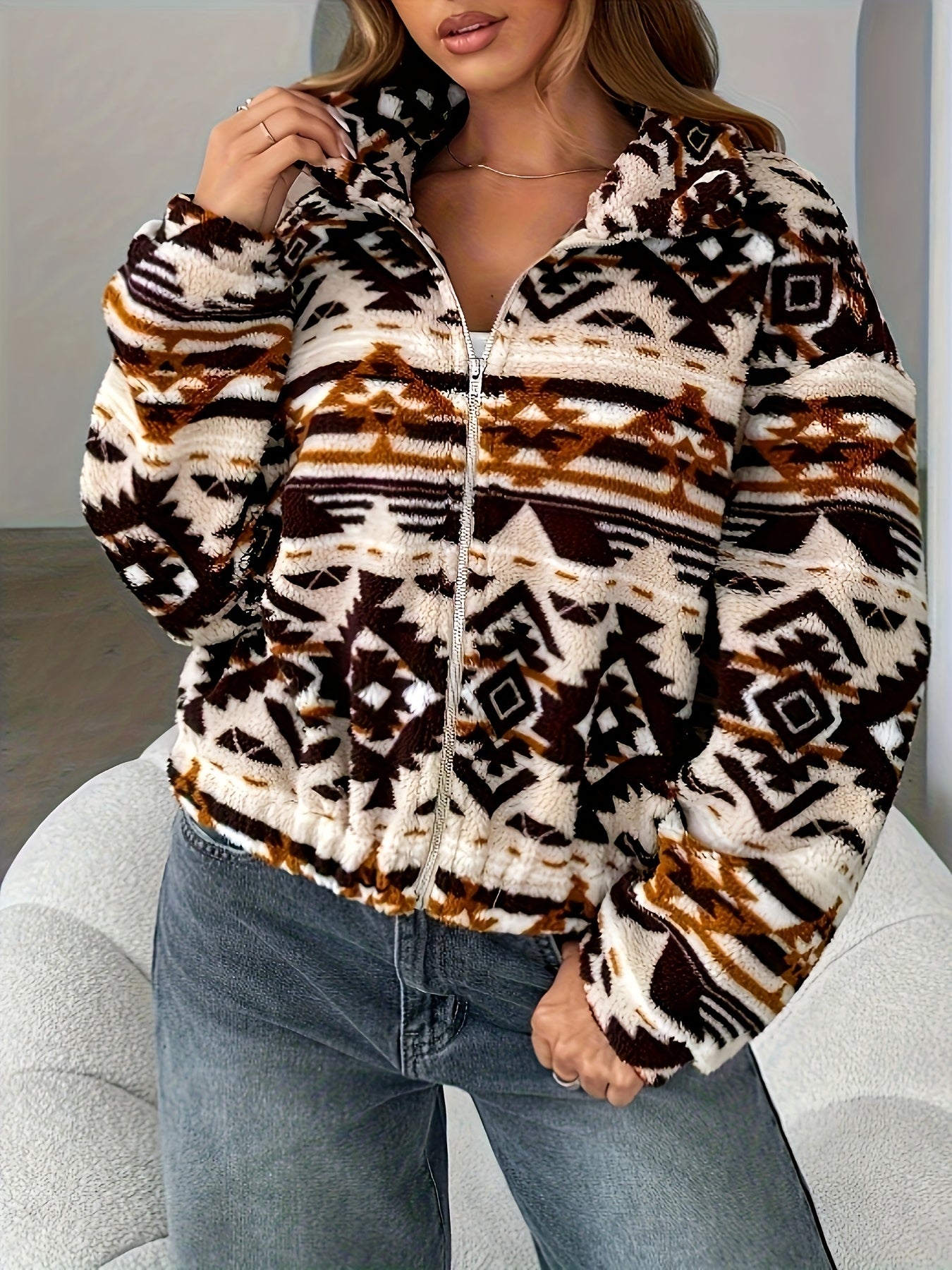 Vintage Fleece-Lined Geometric Zip Jacket