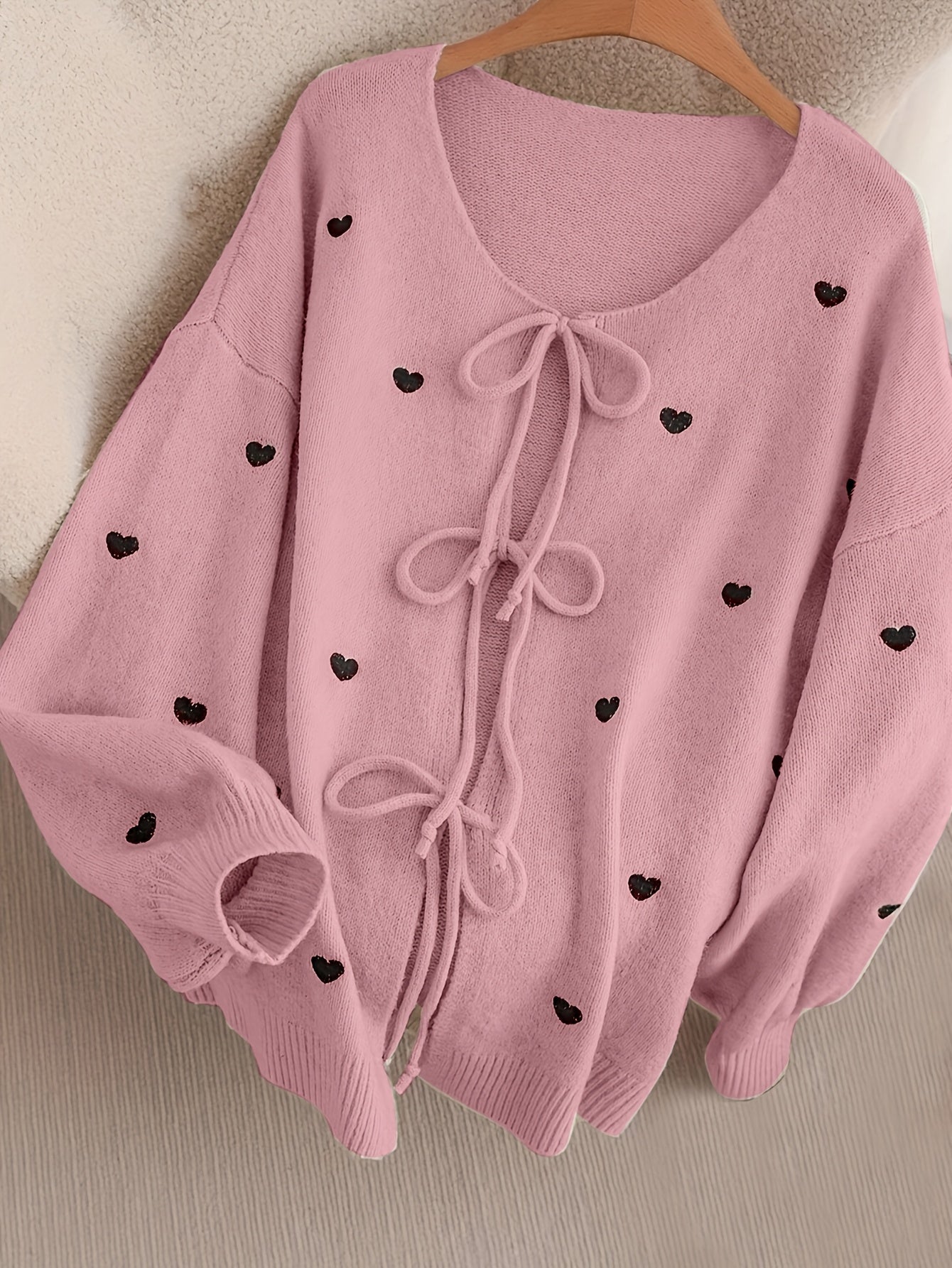 Cozy Beige Heart Bow Sweater