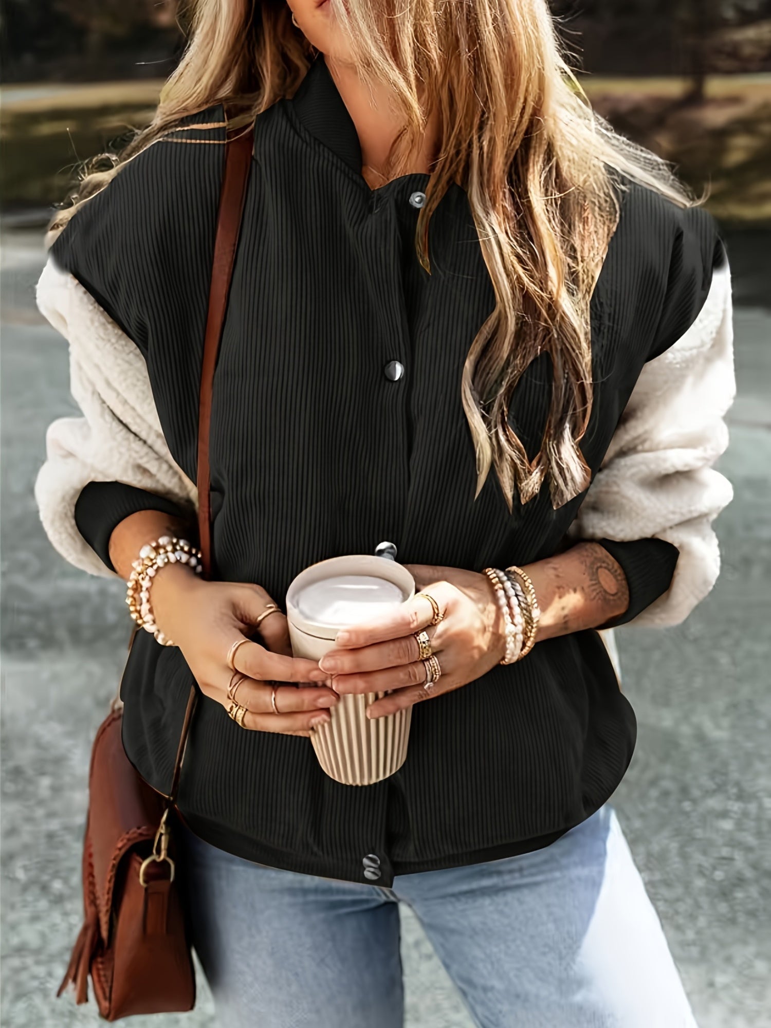 Corduroy Colorblock Baseball Collar Jacket