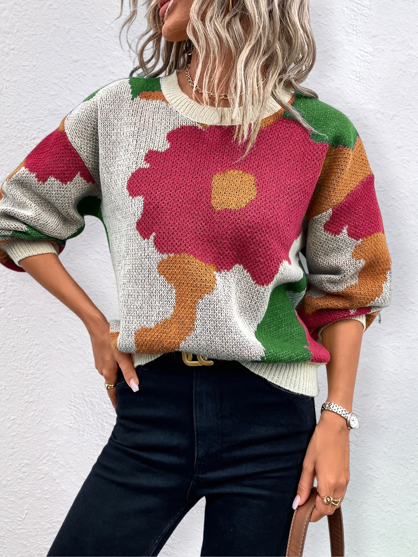 Pull ras du cou fleuri pour les vacances, automne-hiver