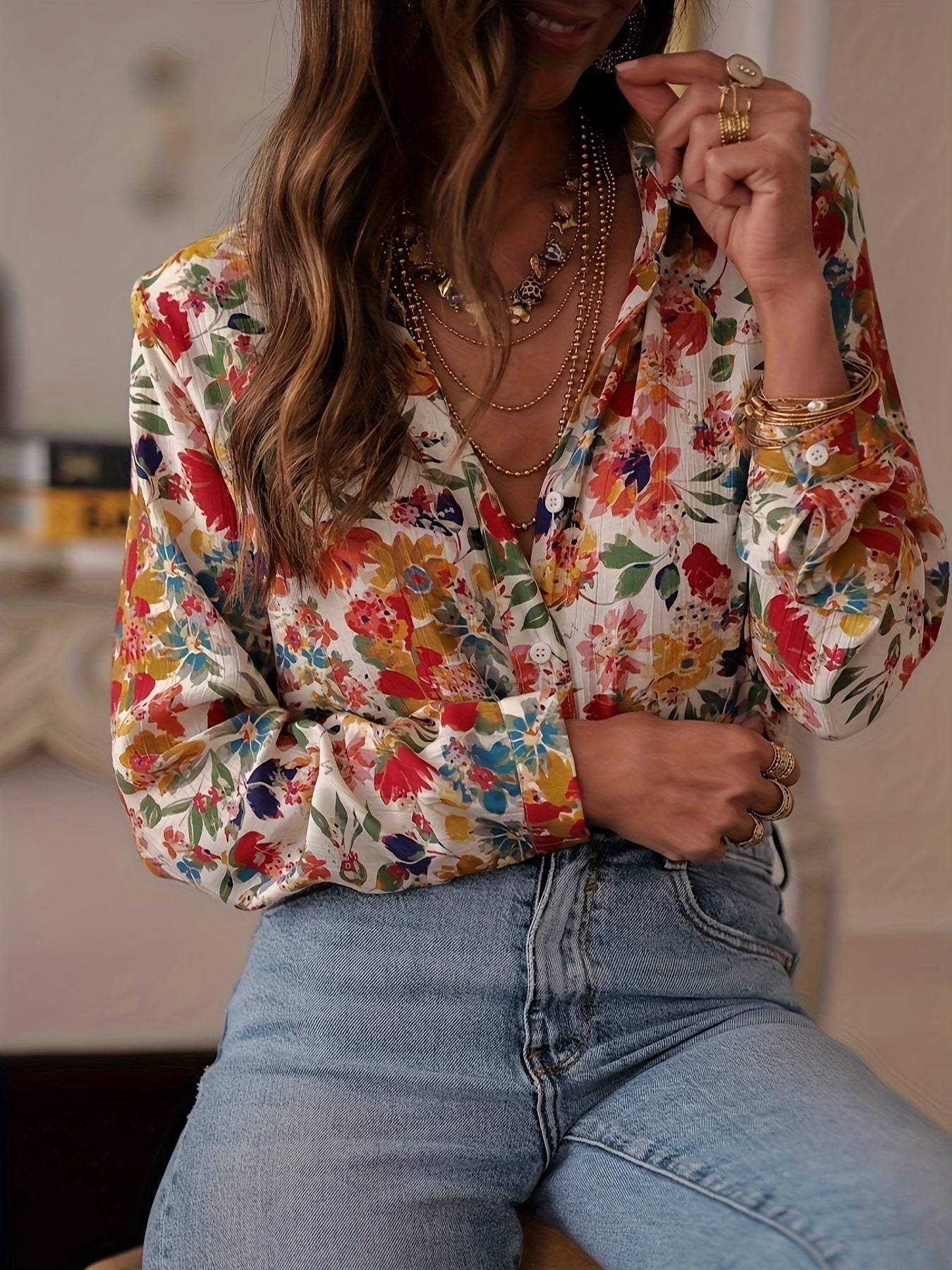 French Floral Button-Up Long-Sleeve Blouse