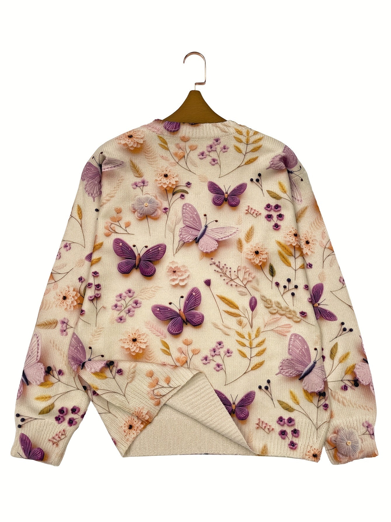 Purple Butterfly V-Neck Long Sleeve Sweater