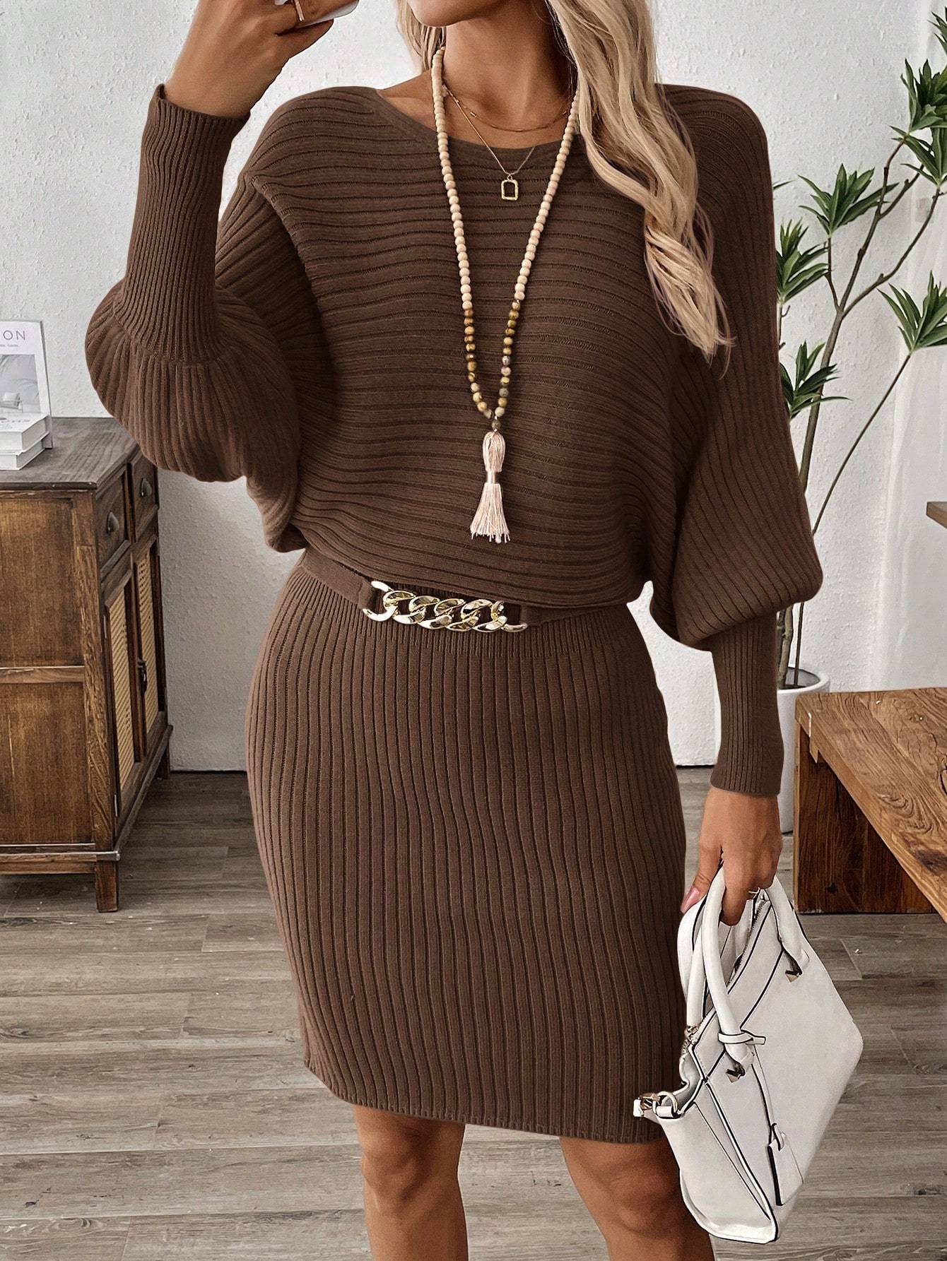 Ribbed Brown Puff Sleeve Bodycon Dress