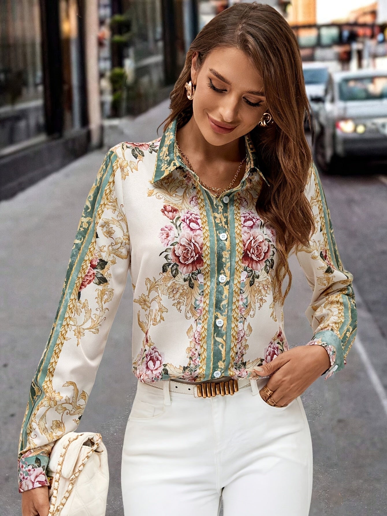 Floral Lapel Button Long-Sleeve Blouse