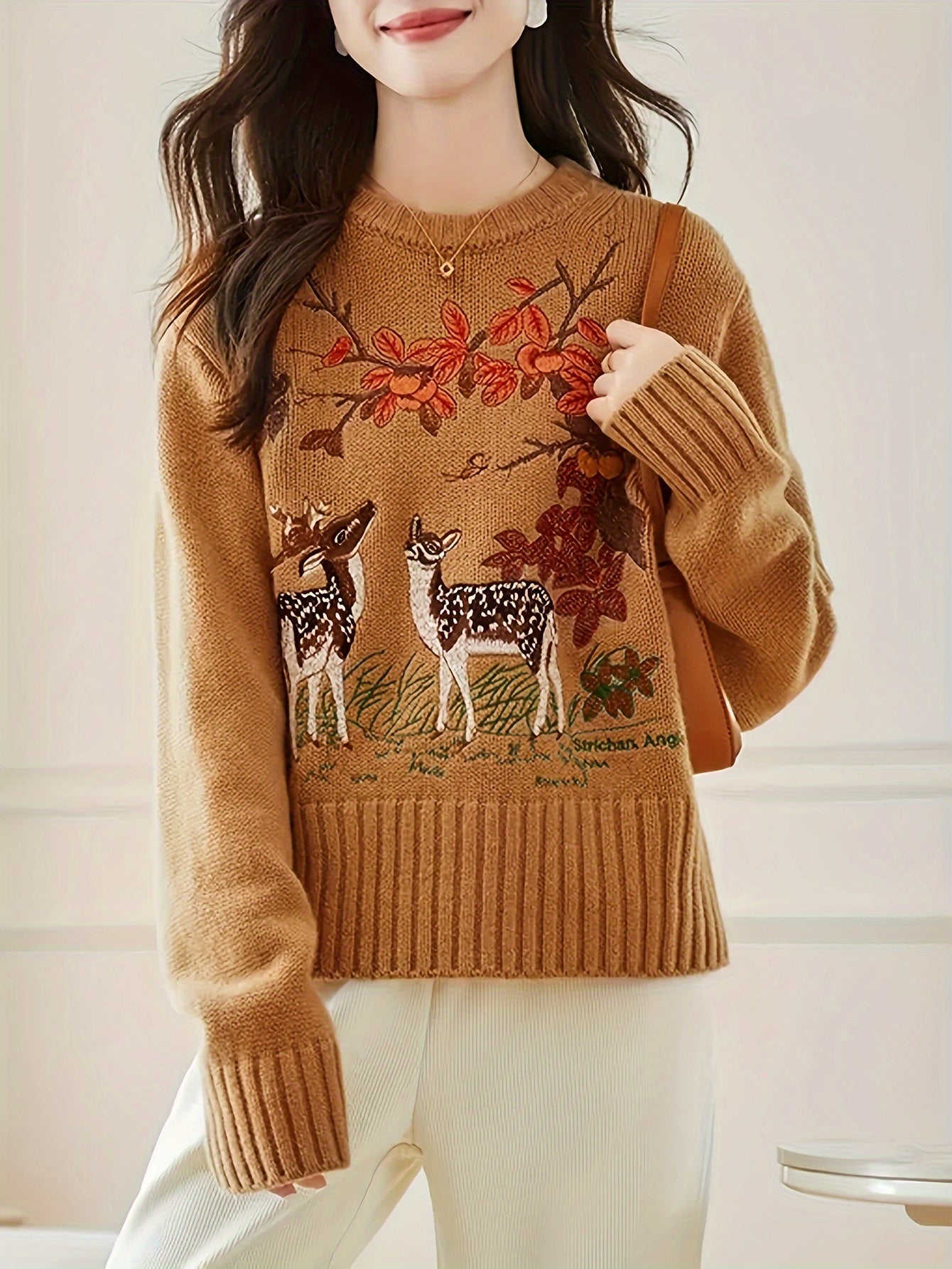 Embroidered deer round neck elegant sweater