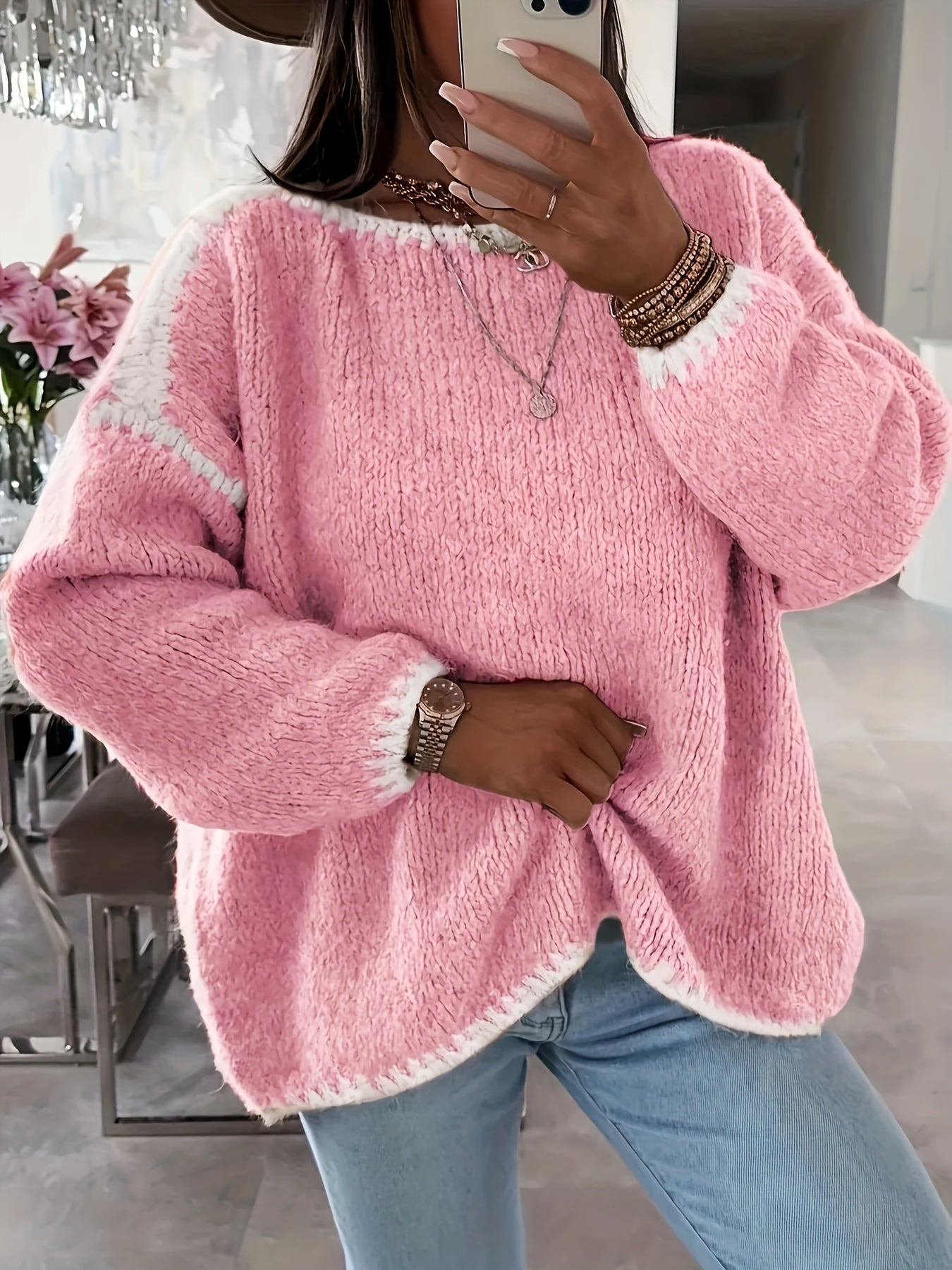 Pink Colorblock Round‑Neck Button Sweater