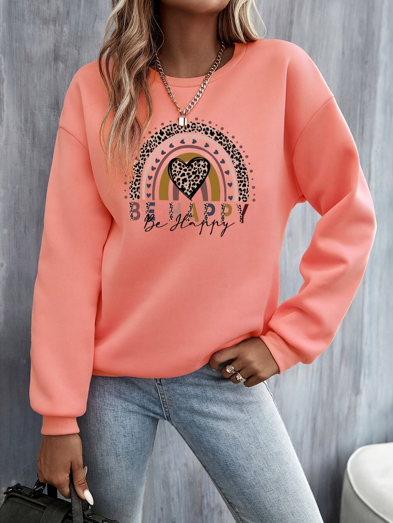 Geometric Rainbow Heart Round-Neck Hoodie