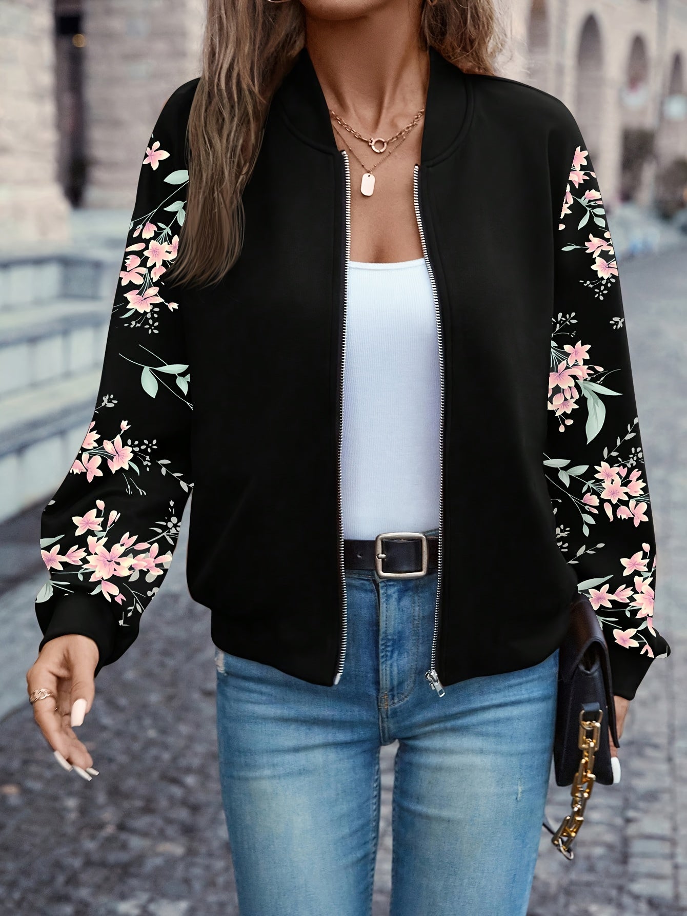 Elegant Floral Baseball-Collar Jacket