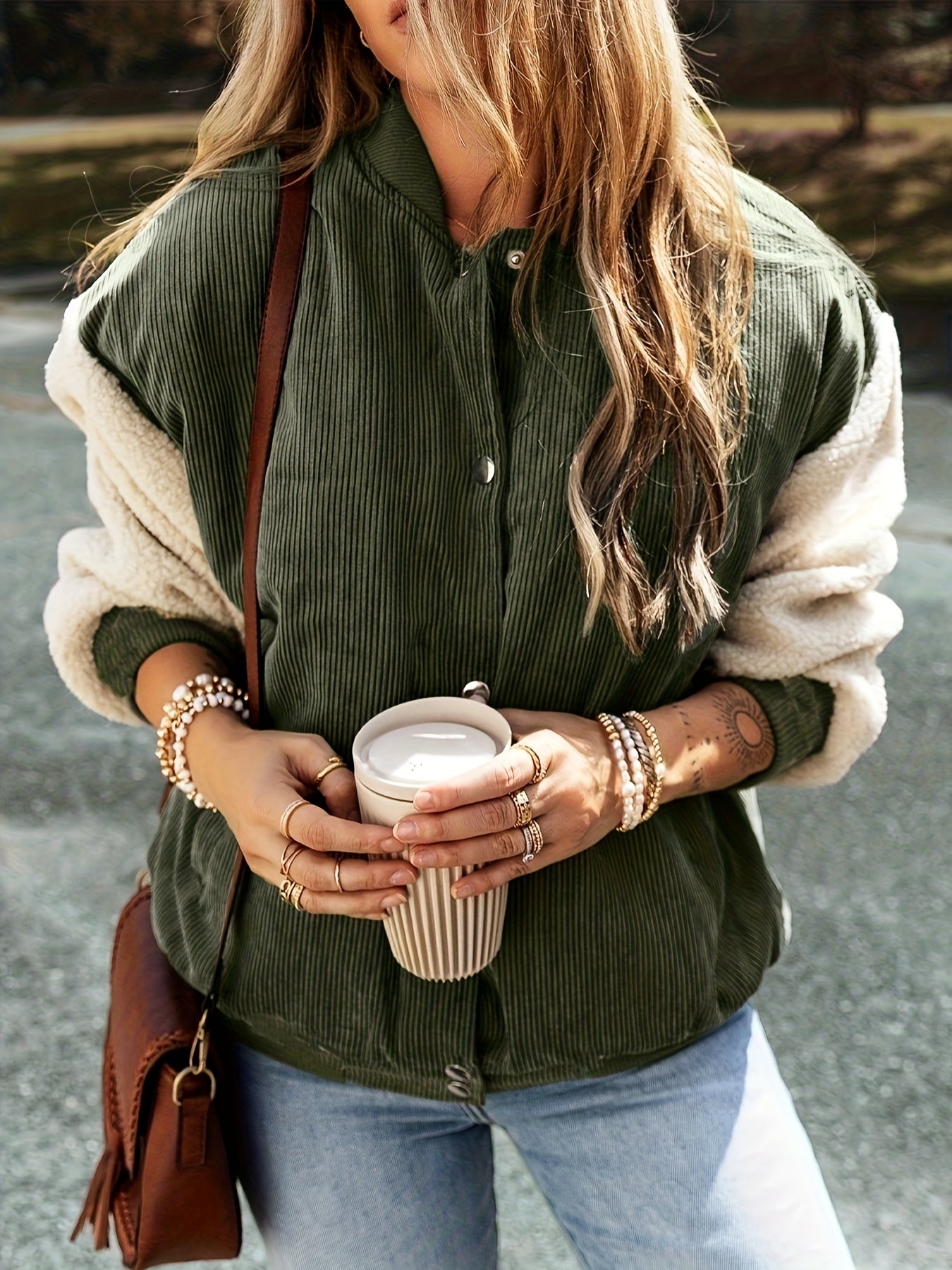 Corduroy Colorblock Baseball Collar Jacket