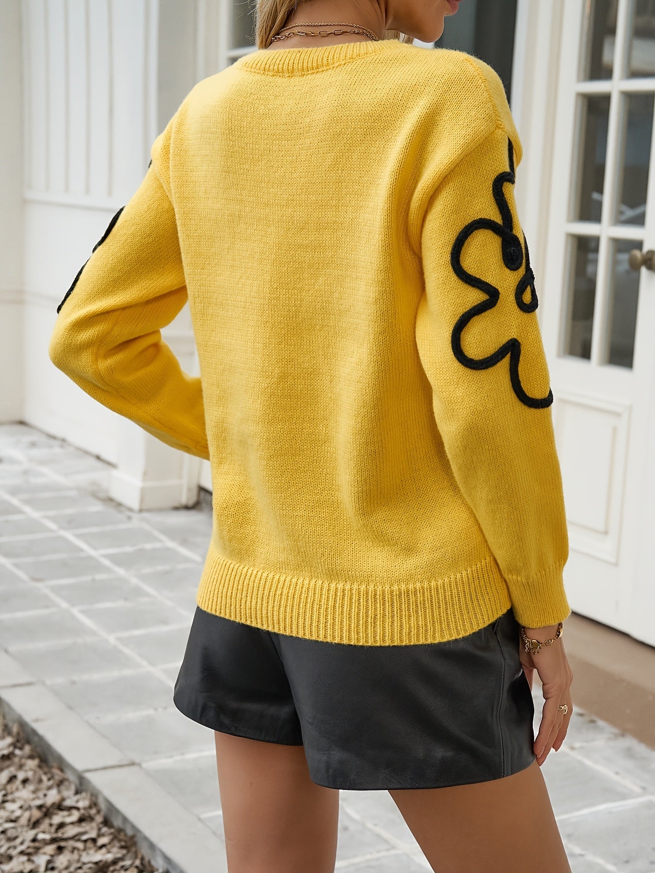 Floral Crew Neck Knit Drop-Shoulder Sweater