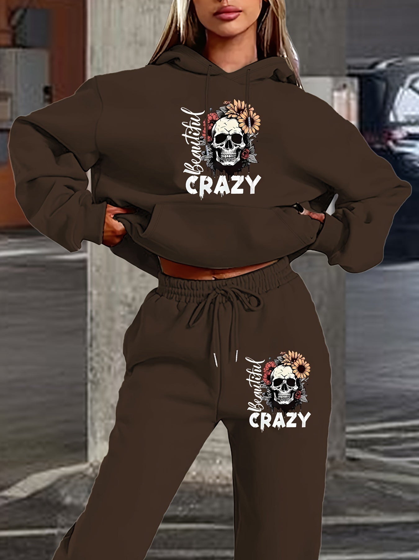 Skull Letter Print Hoodie Pants Set