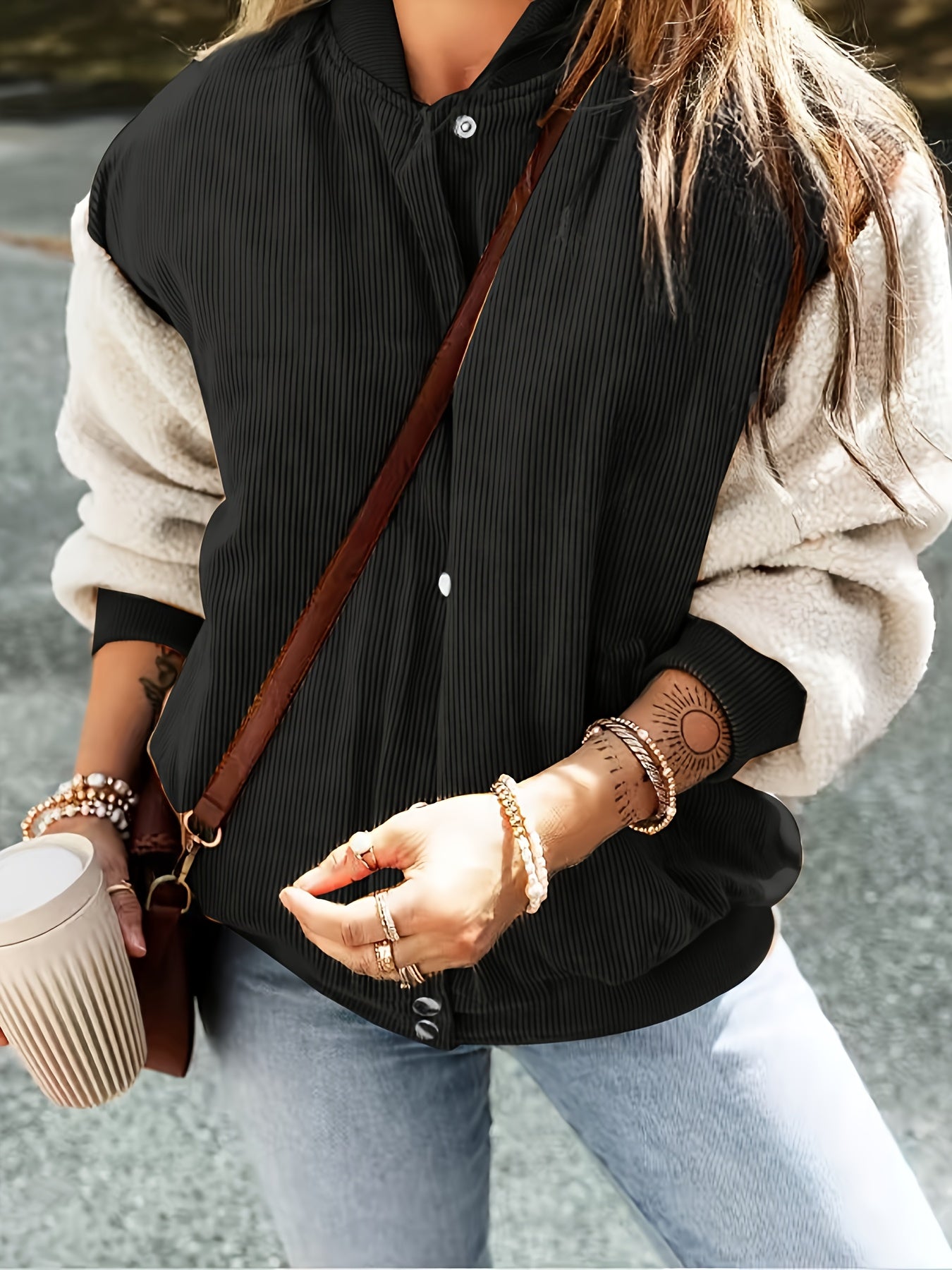 Corduroy Colorblock Baseball Collar Jacket