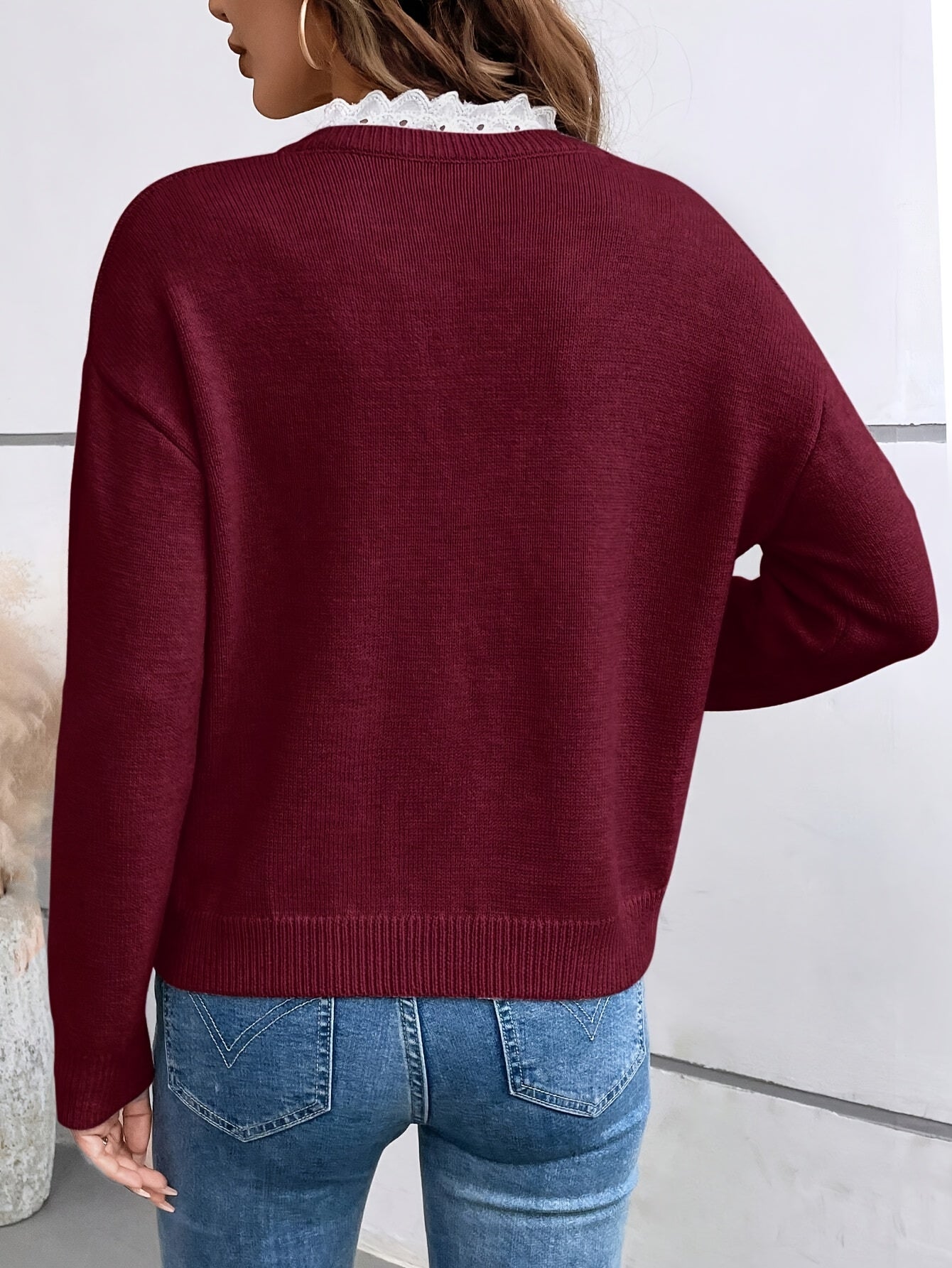 Stylish V-Neck Lace Trim Sweater