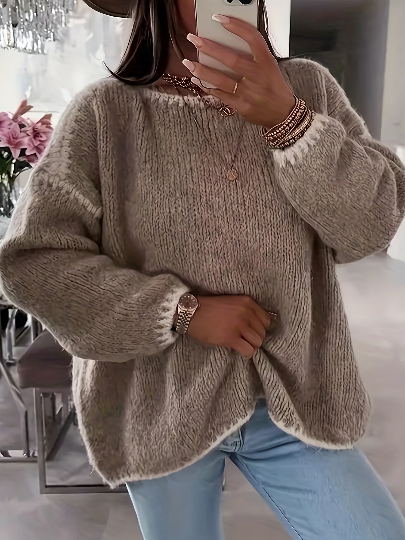 Pink Colorblock Round‑Neck Button Sweater