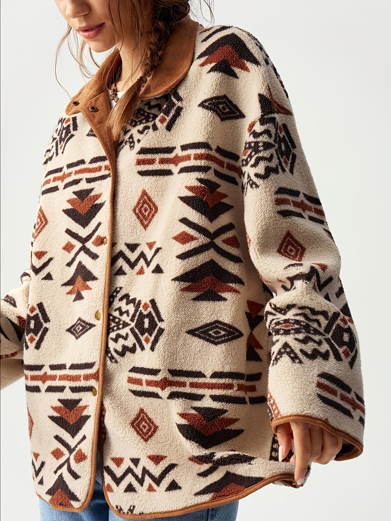 Turquoise Southwestern Geometric Fleece Jacket