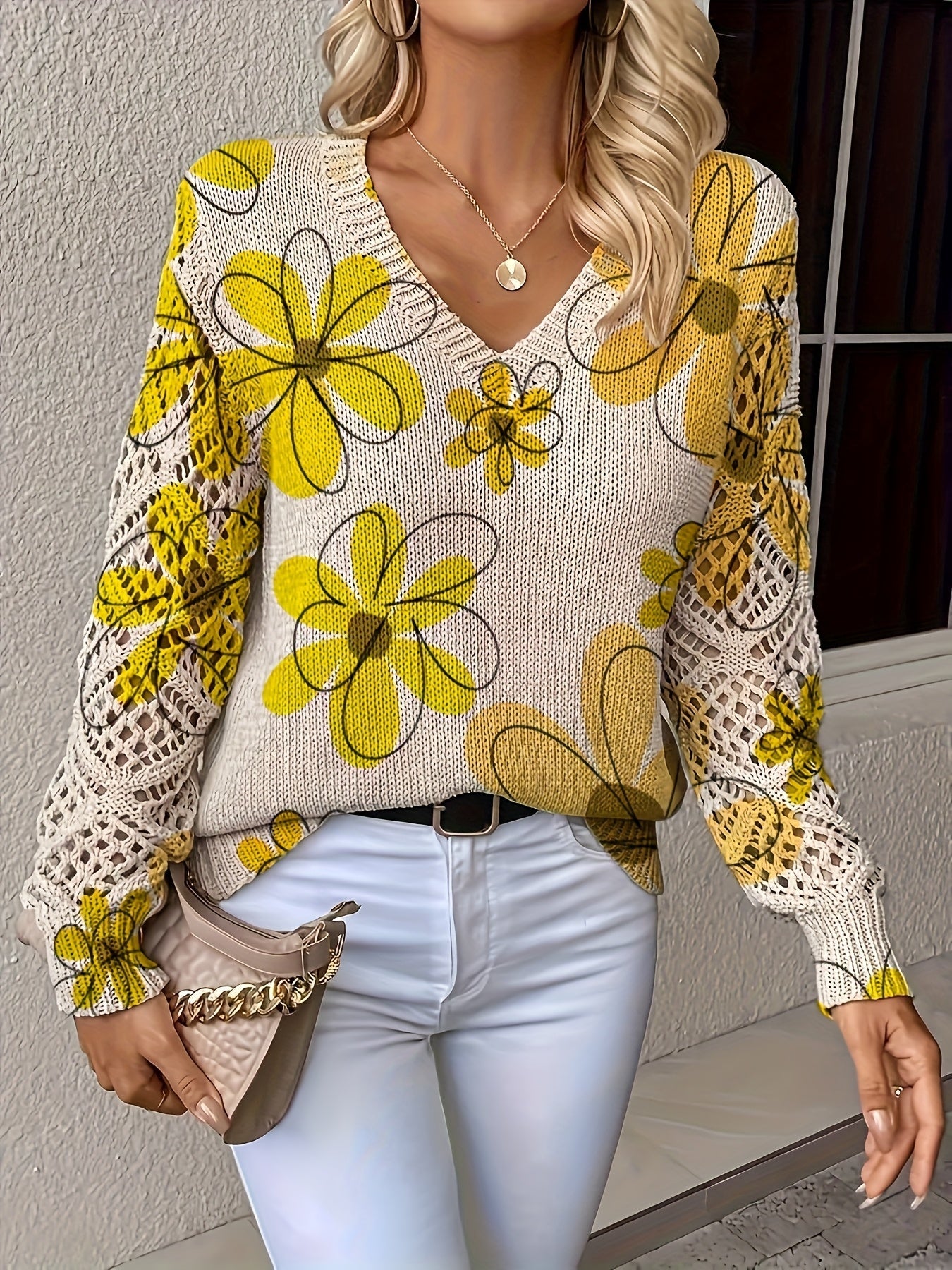 Elegant V-Neck Floral Boho Long-Sleeve Top