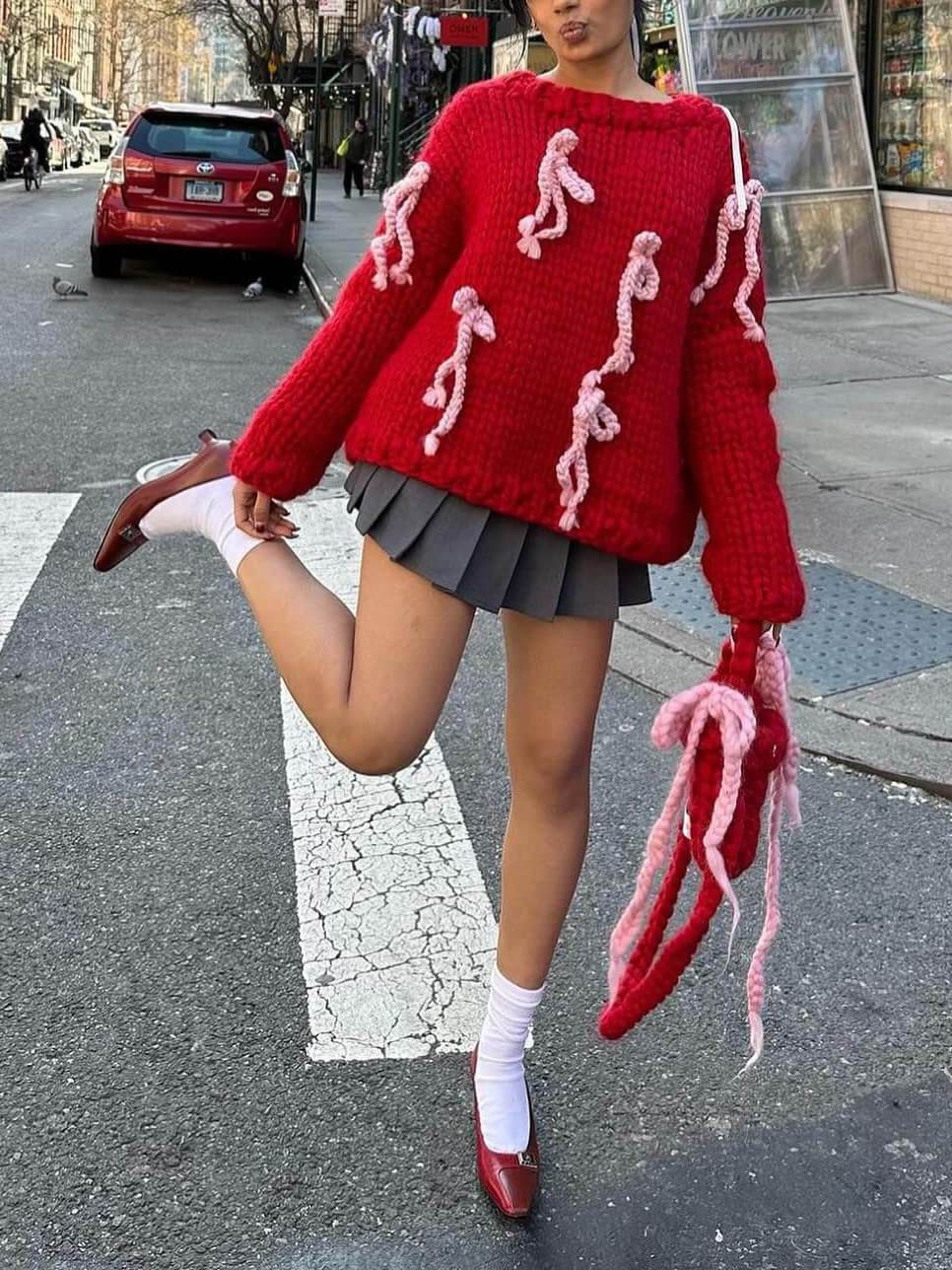 Bow Crewneck Oversized Knit Sweater