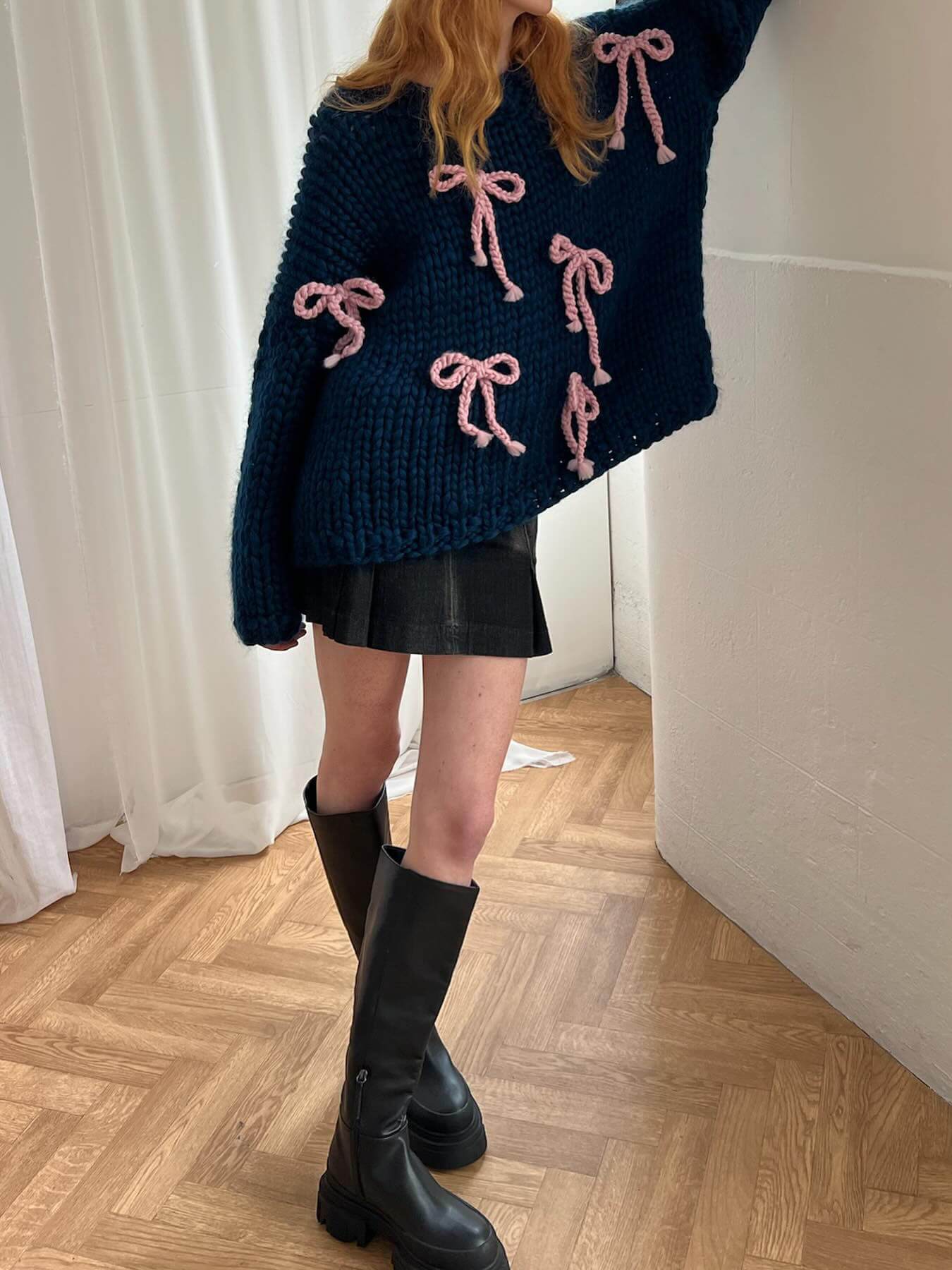 Elegant Bow Crewneck Oversized Knit Sweater