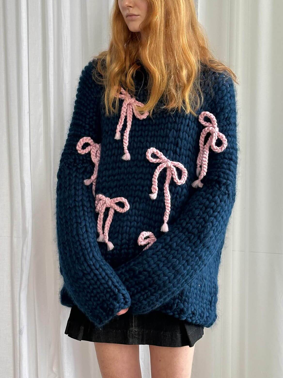 Elegant Bow Crewneck Oversized Knit Sweater