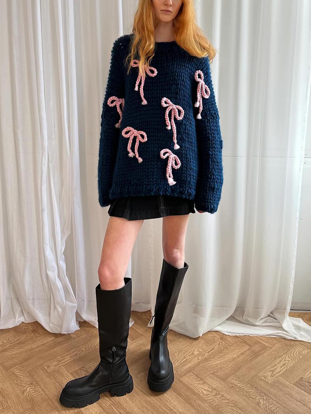 Elegant Bow Crewneck Oversized Knit Sweater
