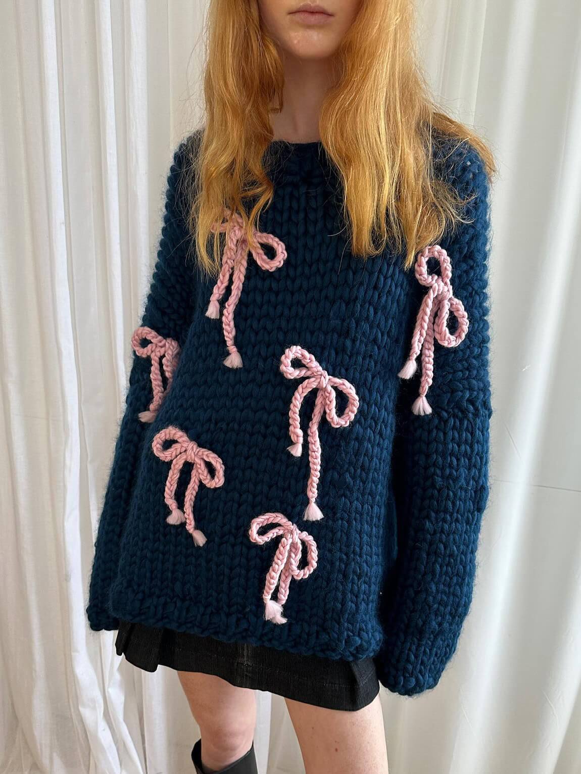 Elegant Bow Crewneck Oversized Knit Sweater