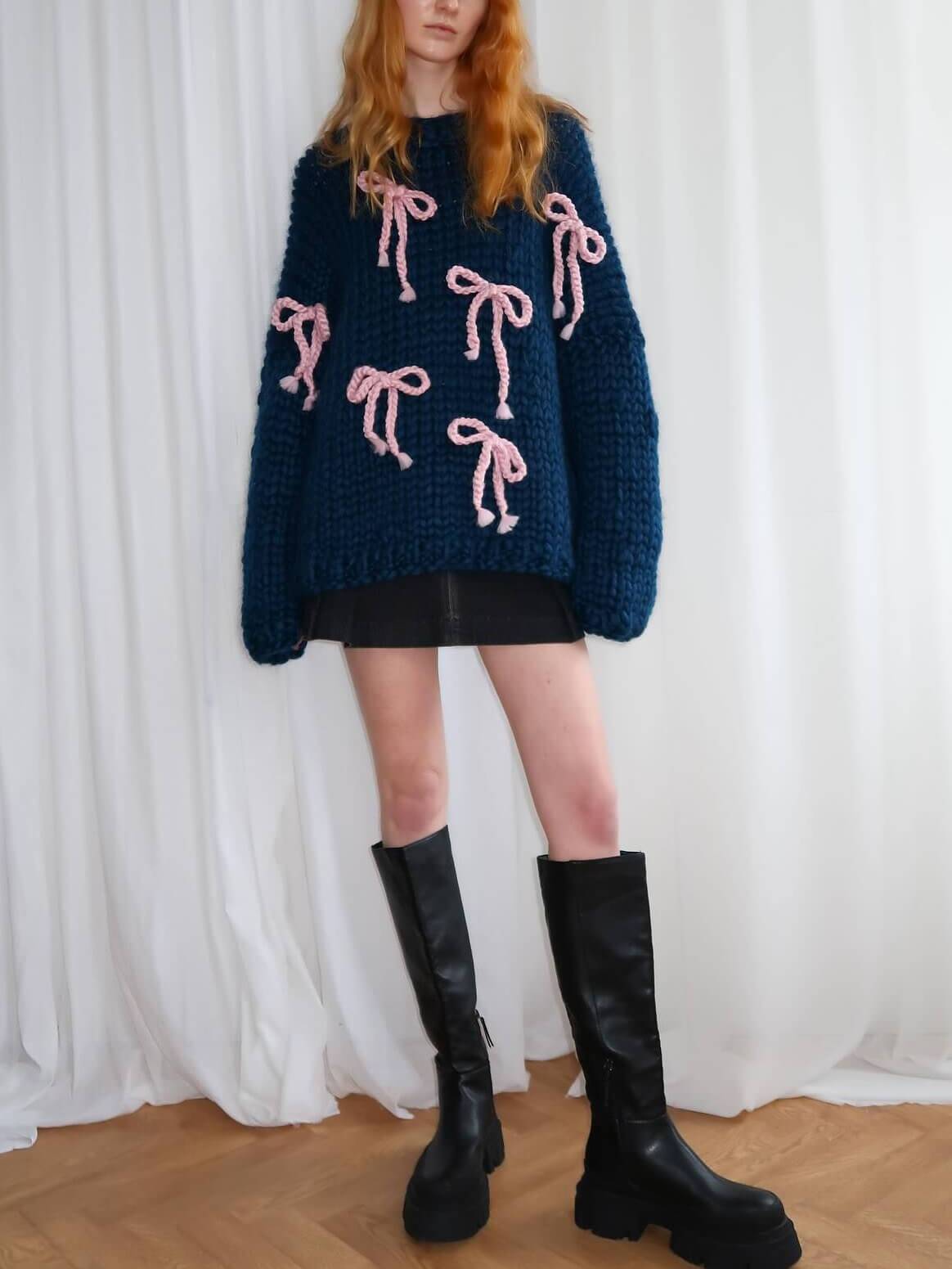 Elegant Bow Crewneck Oversized Knit Sweater