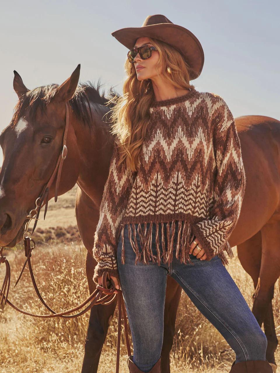 Boho Aztec Fringe Knit Sweater